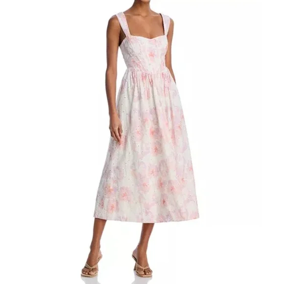 Aqua | Dresses | Aqua Floral Eyelet Midi Dress Smocked Bodice Square Neck  Pink Xxs | Poshmark